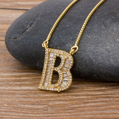 Luxury Gold Color A-Z 26 Letters Necklace CZ Pendant