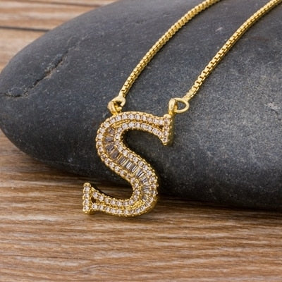 Luxury Gold Color A-Z 26 Letters Necklace CZ Pendant