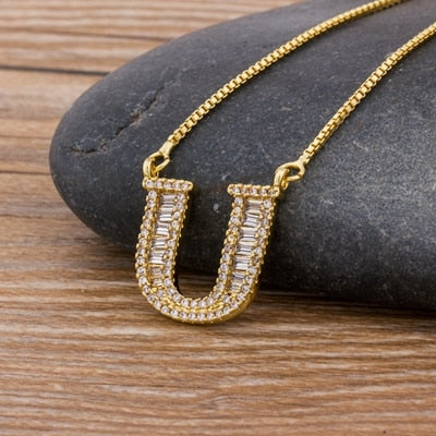 Luxury Gold Color A-Z 26 Letters Necklace CZ Pendant