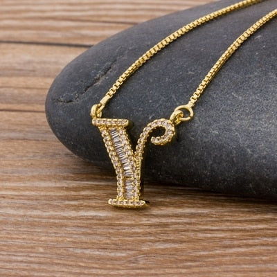 Luxury Gold Color A-Z 26 Letters Necklace CZ Pendant