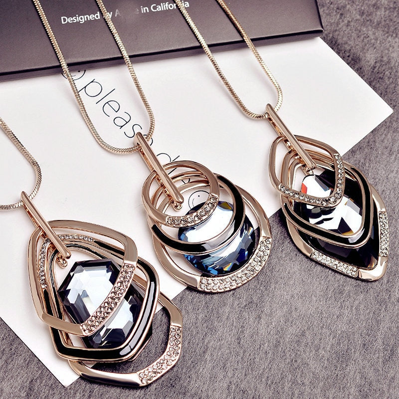Gold Silver Color Rhinestone Long Necklace