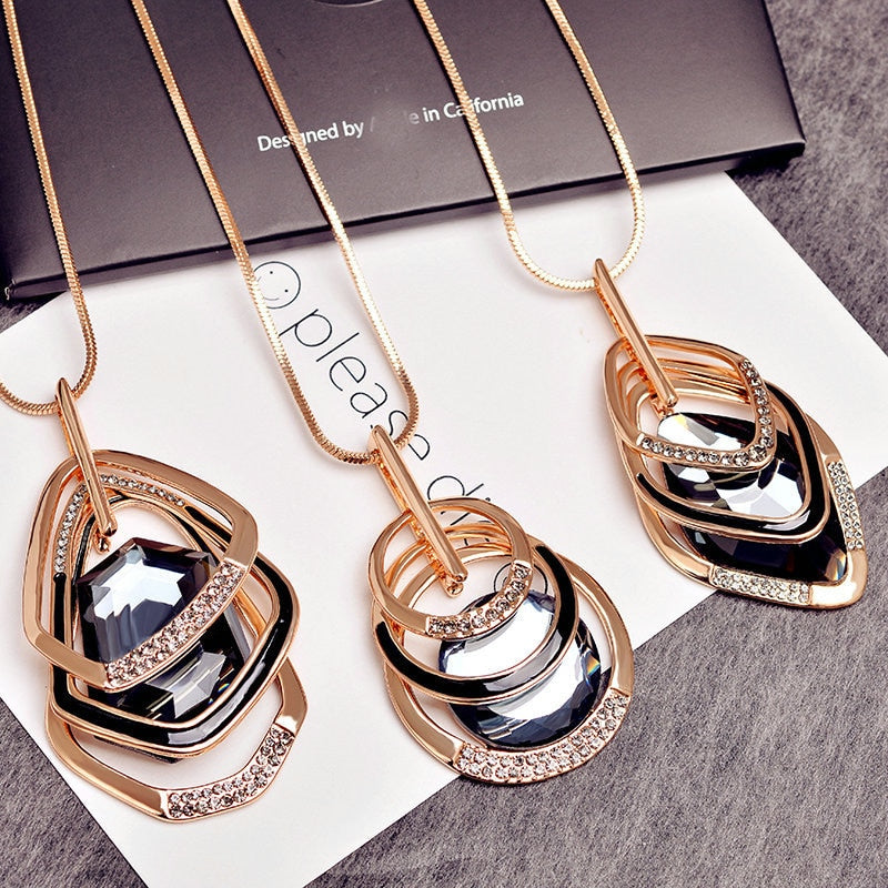 Gold Silver Color Rhinestone Long Necklace