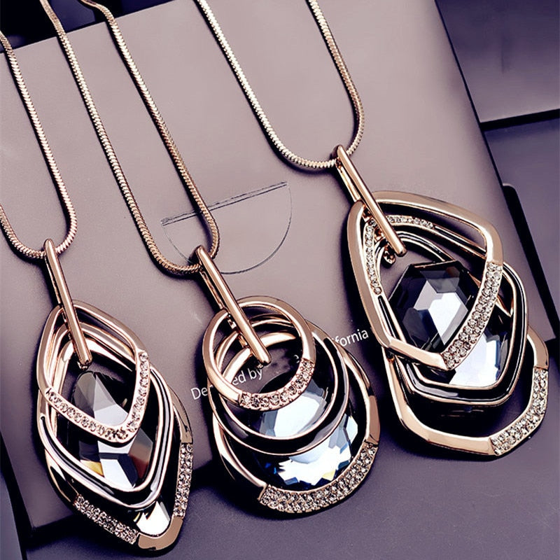 Gold Silver Color Rhinestone Long Necklace