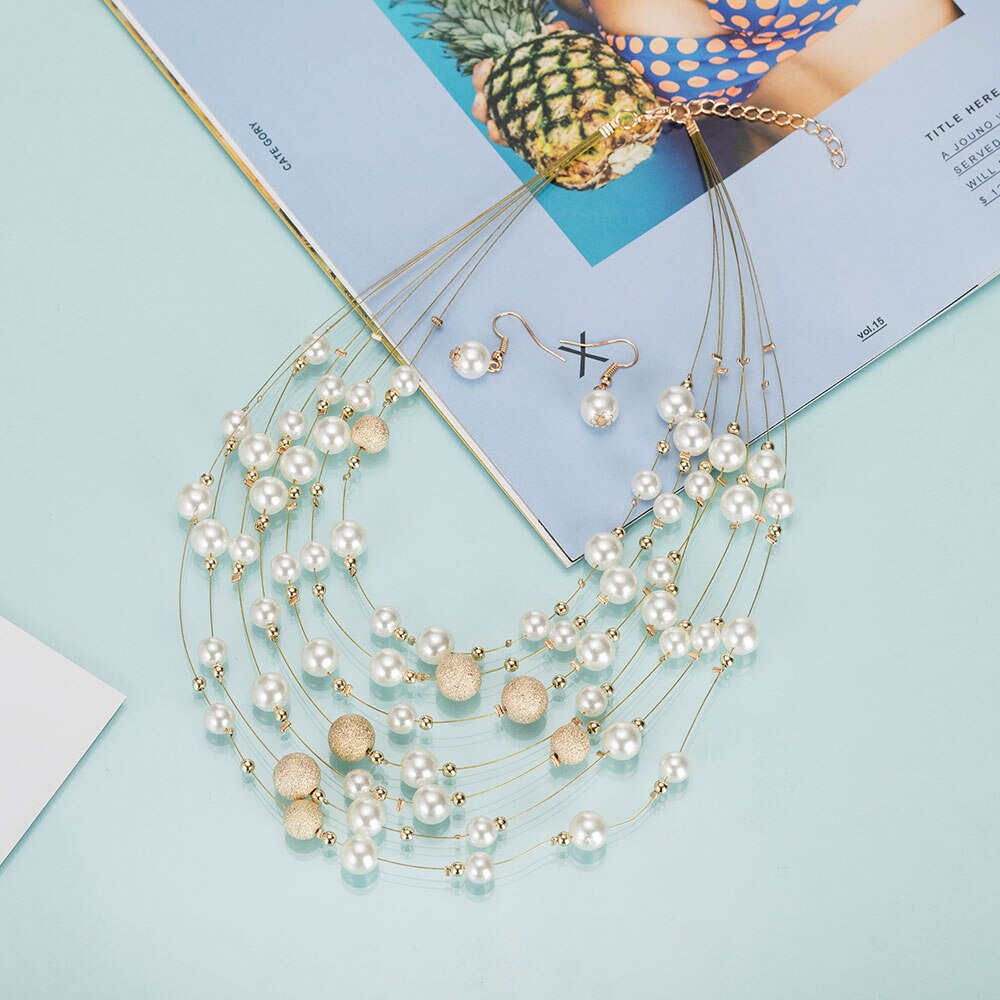 New Fashion Gold Multi Layer Chains Imitation Pearl Jewelry Sets