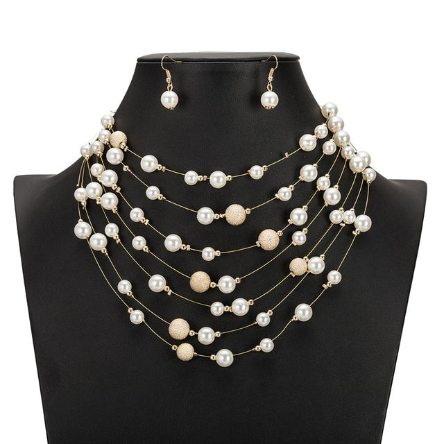 New Fashion Gold Multi Layer Chains Imitation Pearl Jewelry Sets