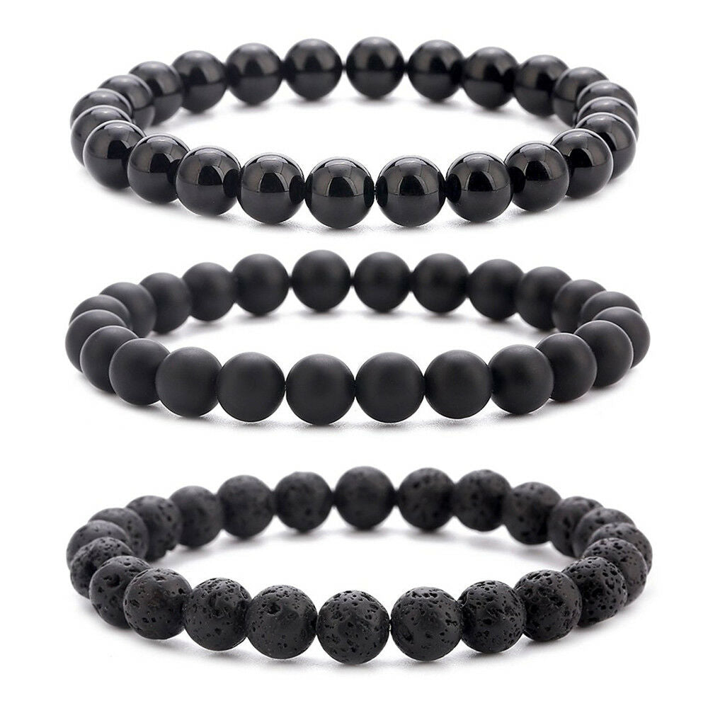 Natural Stone Lava Tiger Eye Black Onyx Matte Beads Bangle