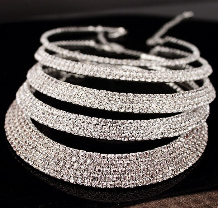 Bride Classic Rhinestone Crystal Choker  Earrings and Bracelet Jewelry Sets