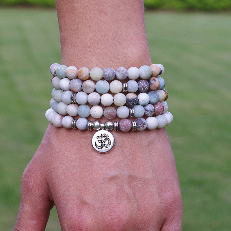 8mm Matte Amazonite Stone Beads OM Charm Strand Bracelet