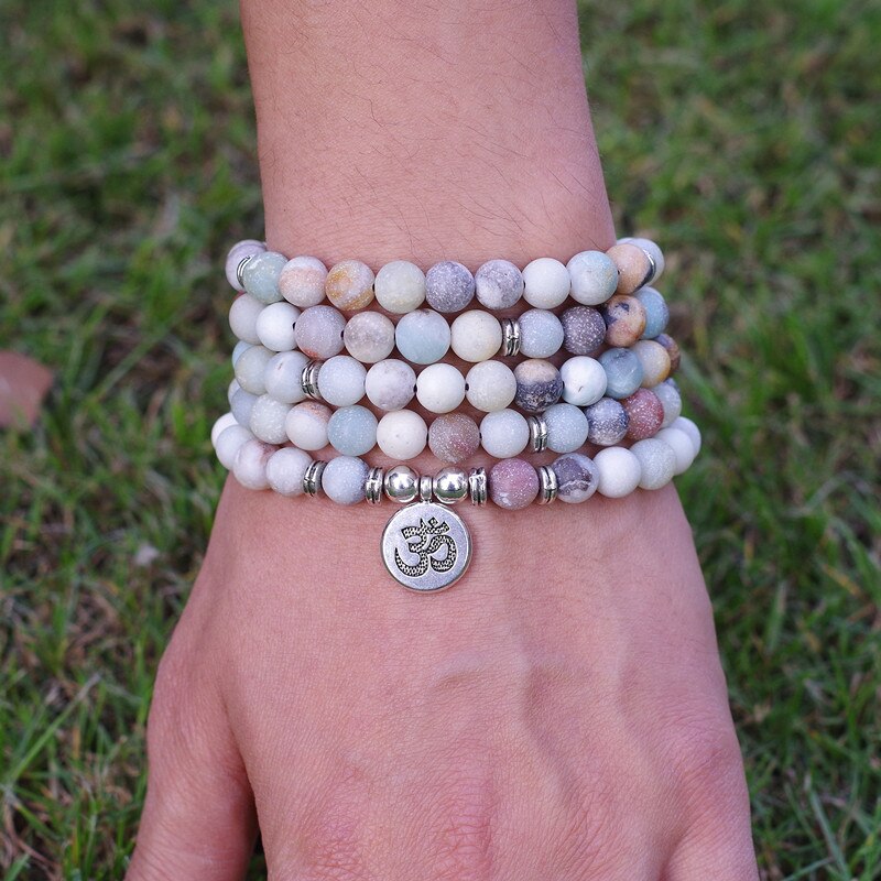 8mm Matte Amazonite Stone Beads OM Charm Strand Bracelet