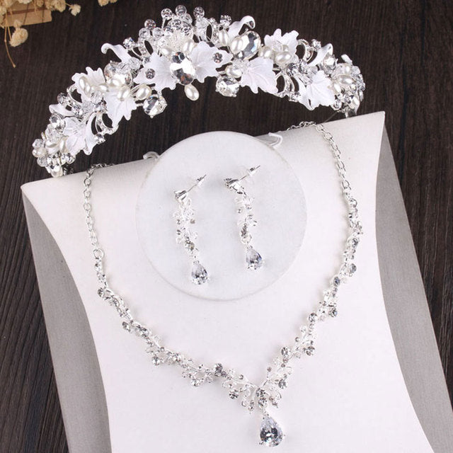 Vintage Gold Crystal Leaf Pearls Costume Jewelry Sets