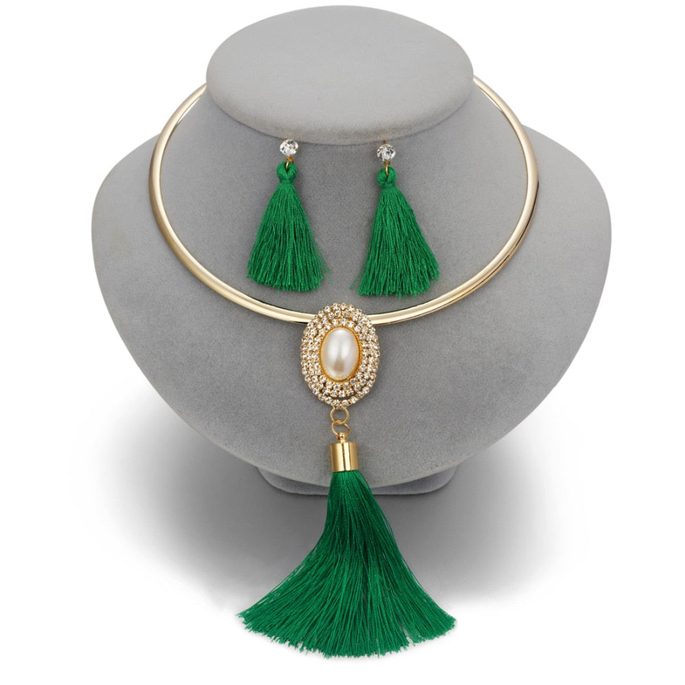 Boho Pearl Chocker Necklace Crystal Drop  Jewelry Set