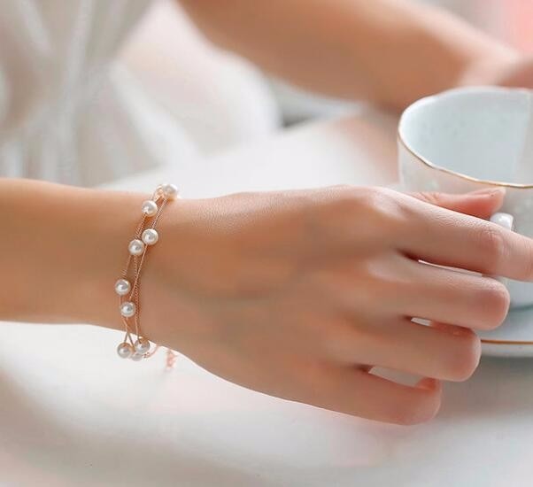 Simulated Pearl Double Layer Women Earrings Necklace Bracelet Sets