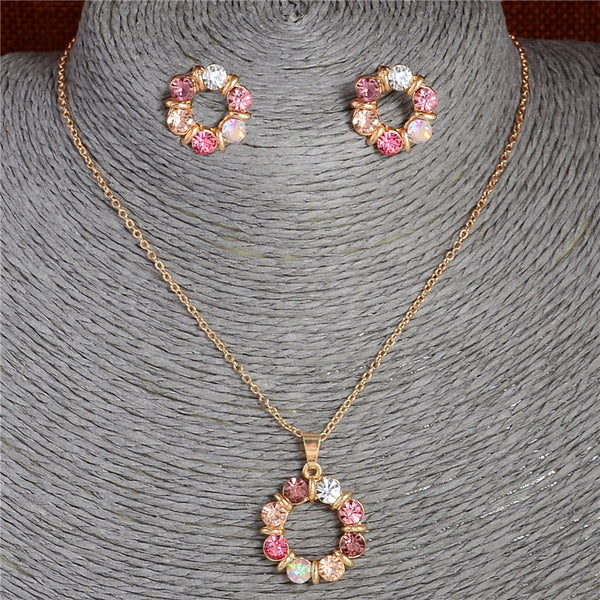 Gold Color Sweet Pink  Austrian Crystal Necklace Earring Jewelry Sets