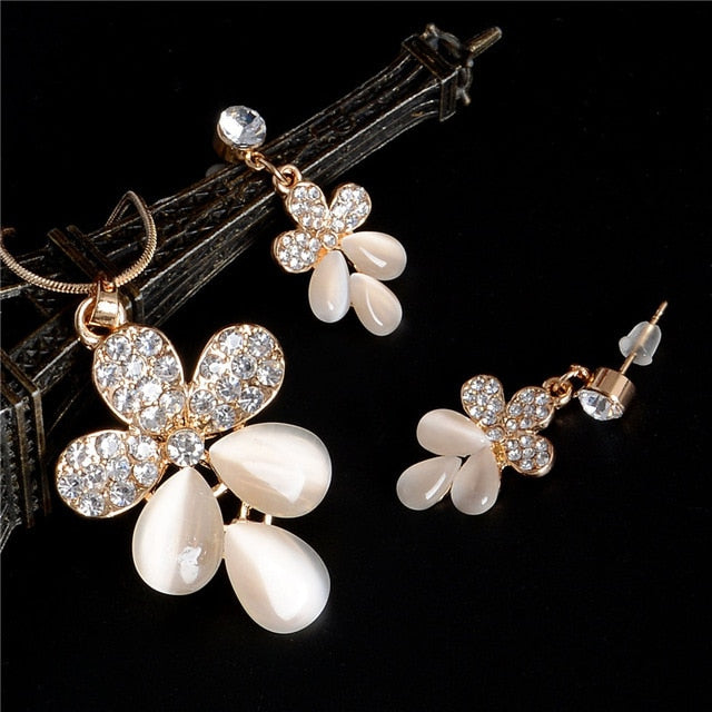 Gold Color Sweet Pink  Austrian Crystal Necklace Earring Jewelry Sets