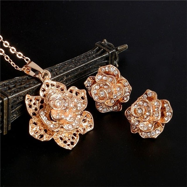 Gold Color Sweet Pink  Austrian Crystal Necklace Earring Jewelry Sets