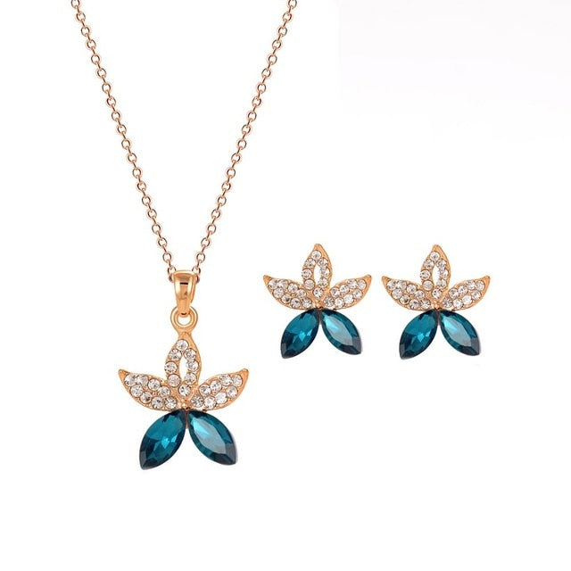 Gold Color Sweet Pink  Austrian Crystal Necklace Earring Jewelry Sets