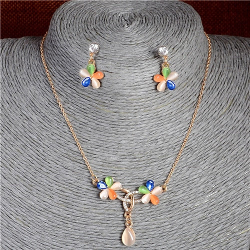 Gold Color Sweet Pink  Austrian Crystal Necklace Earring Jewelry Sets
