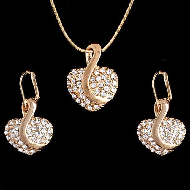 Gold Color Sweet Pink  Austrian Crystal Necklace Earring Jewelry Sets