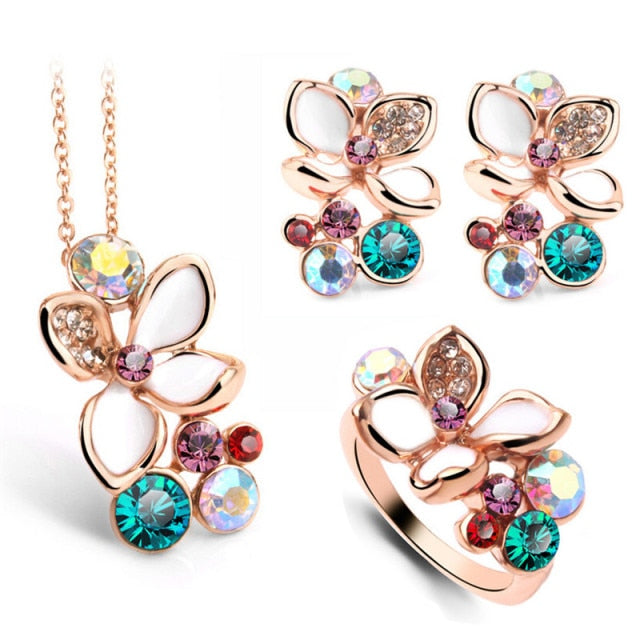 Fashion Multi Color Flower Crystal Necklace/Earring/Ring Bridal Jewelry Set