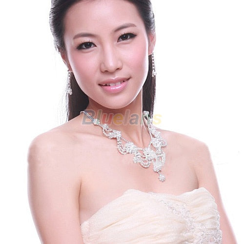 Sliver Plated Rhinestone Crystal Faux Pearl Necklace+Earring Set