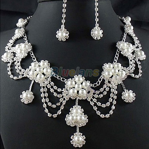 Sliver Plated Rhinestone Crystal Faux Pearl Necklace+Earring Set