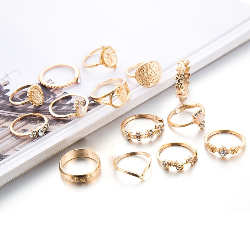 Bohemian Gold Virgin Mary Heart Flower Kunckle Midi Ring Set