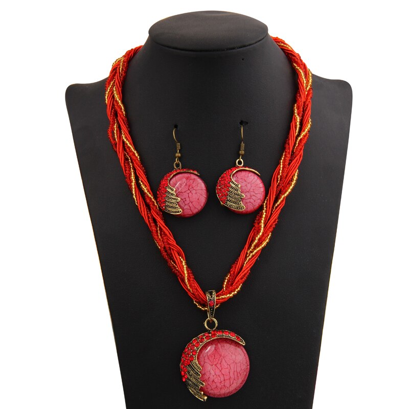 Blue Crystal Drop Earrings Round Multi-layer Chain Braided Wedding Jewelry Set