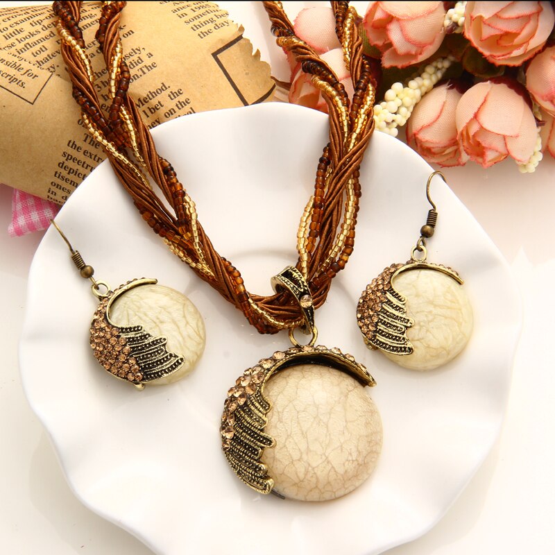Blue Crystal Drop Earrings Round Multi-layer Chain Braided Wedding Jewelry Set