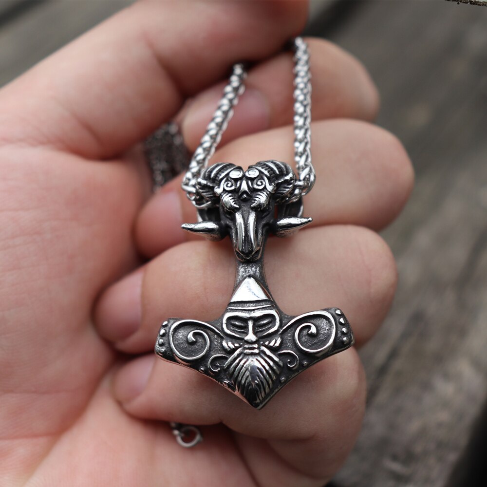 Viking Mjolnir Thor's Hammer Sheep Heads Stainless Steel Pendant Necklace