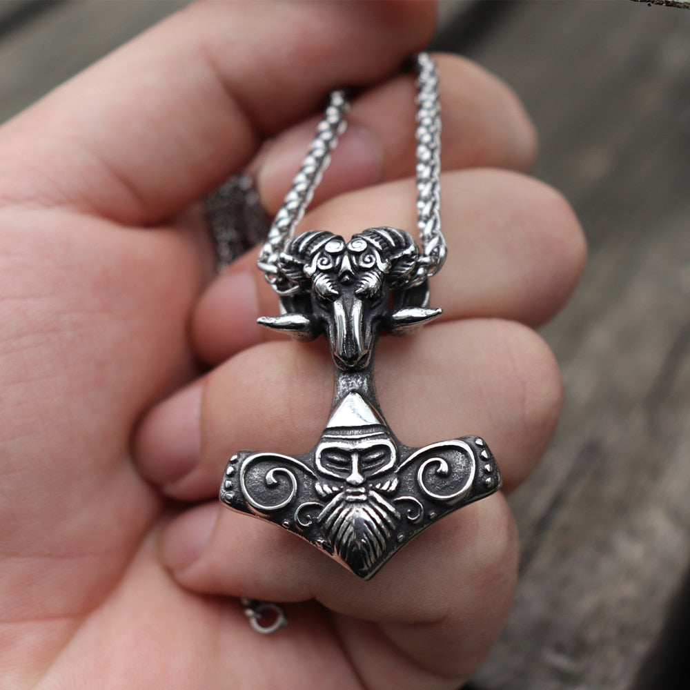 Viking Mjolnir Thor’s Hammer Sheep Heads Stainless Steel Pendant Necklace