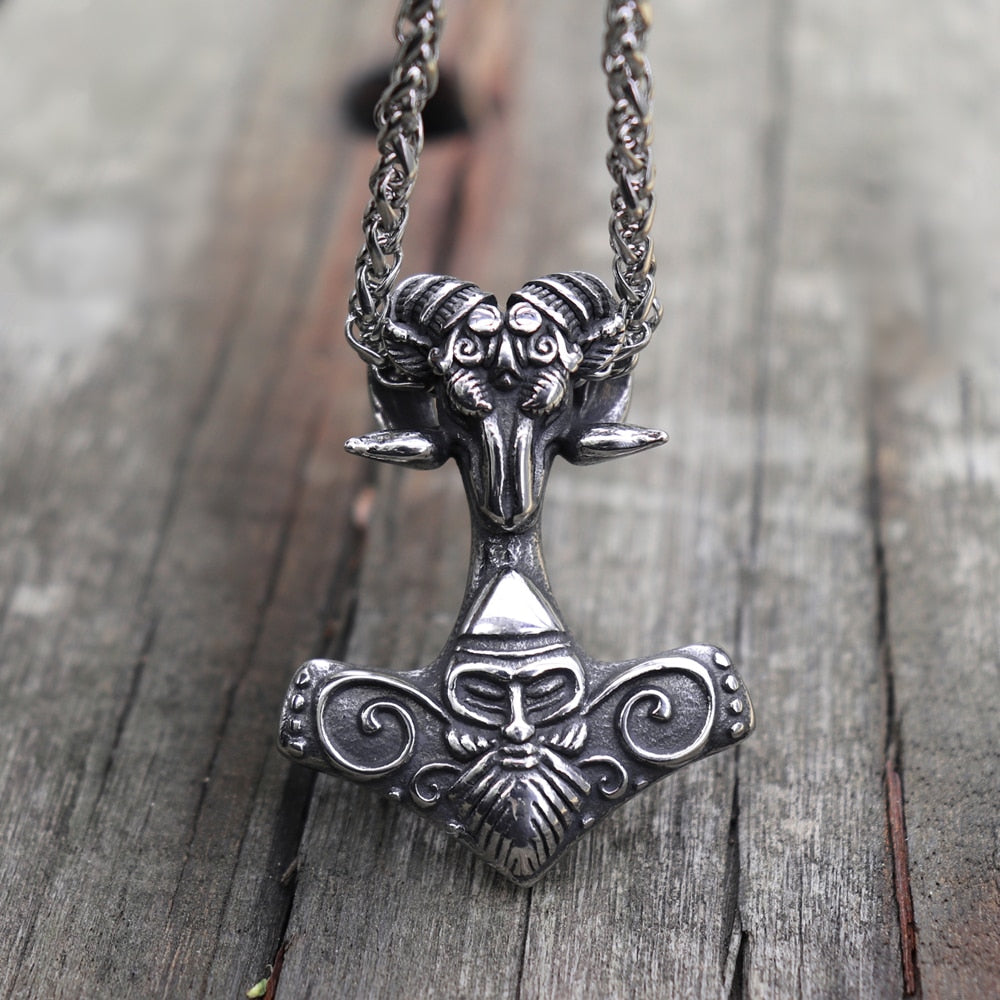 Viking Mjolnir Thor’s Hammer Sheep Heads Stainless Steel Pendant Necklace