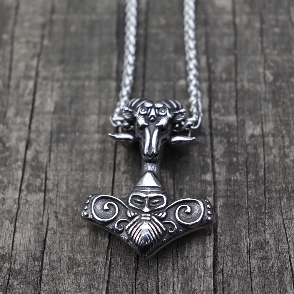 Viking Mjolnir Thor’s Hammer Sheep Heads Stainless Steel Pendant Necklace