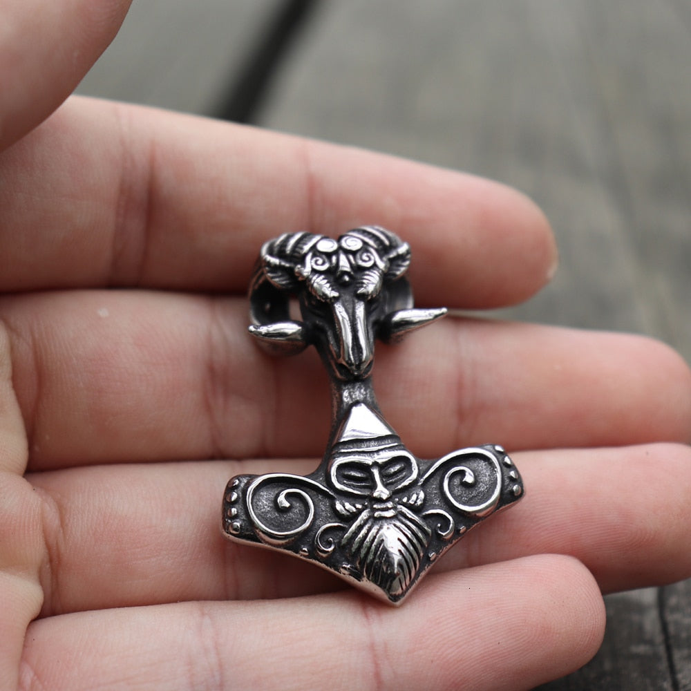 Viking Mjolnir Thor's Hammer Sheep Heads Stainless Steel Pendant Necklace