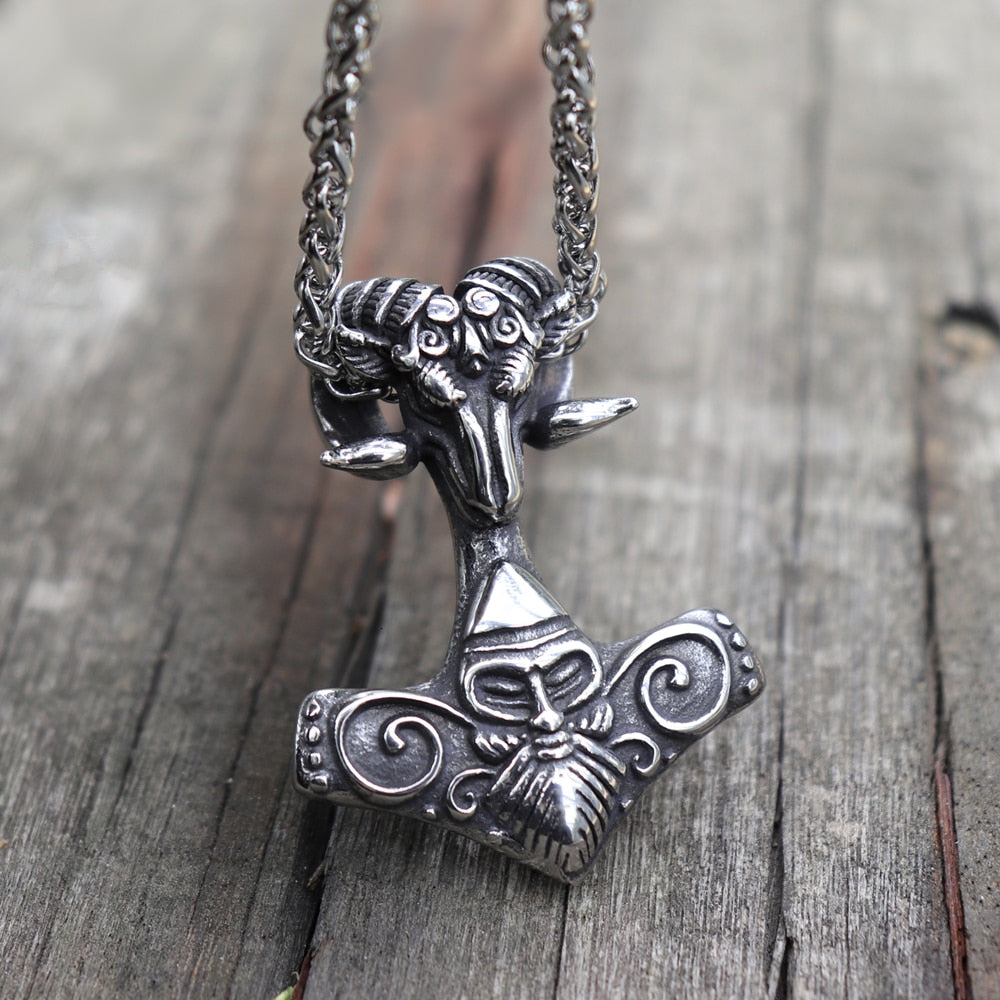 Viking Mjolnir Thor’s Hammer Sheep Heads Stainless Steel Pendant Necklace