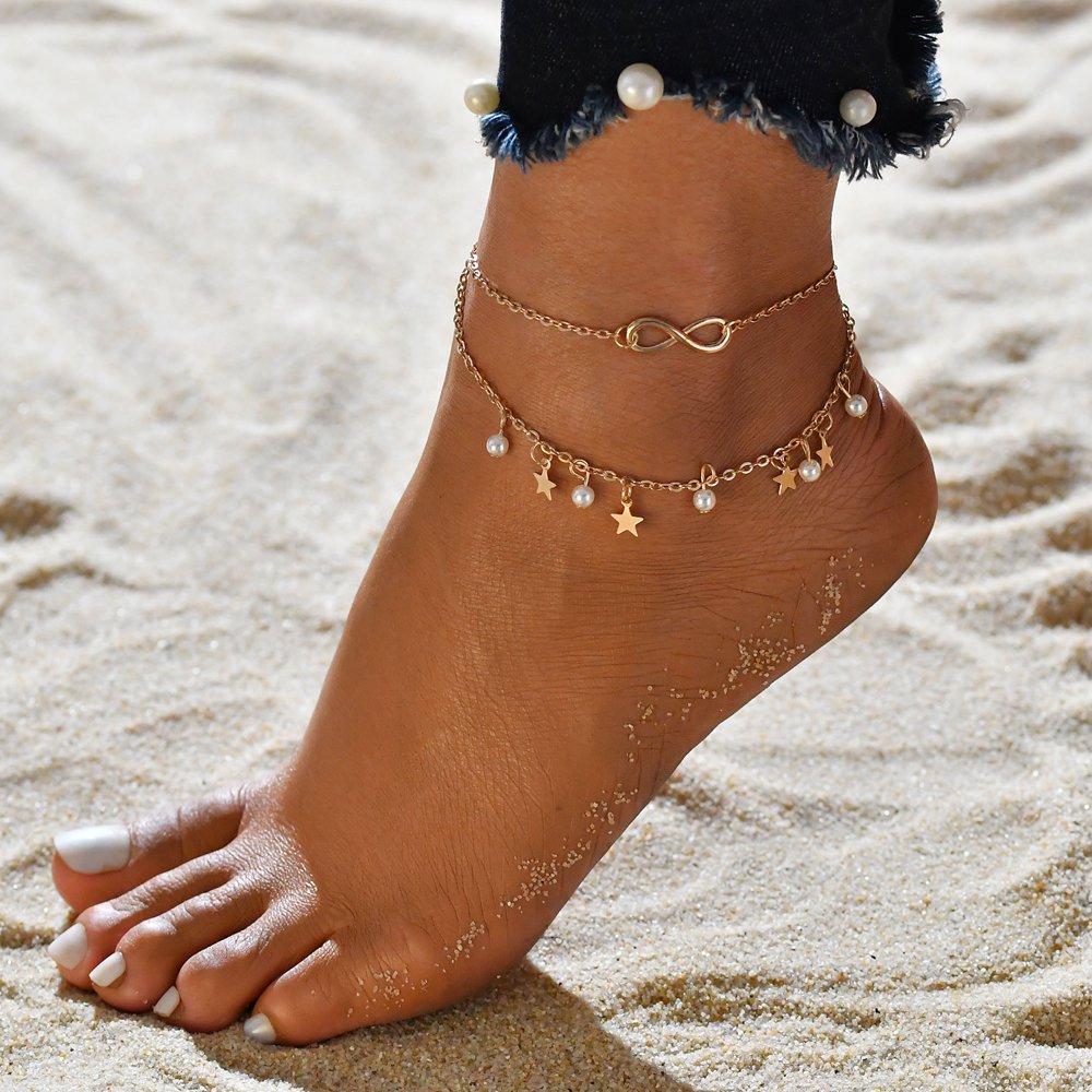 Simple Tassel Double Star Pearl 8 Word Female Anklet Barefoot