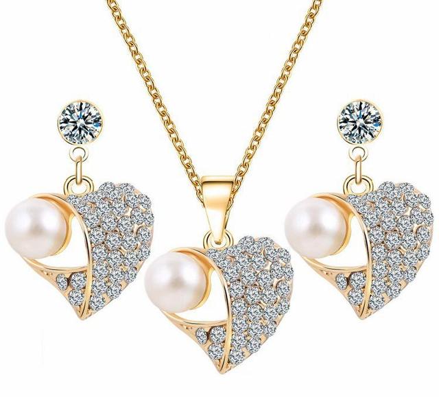 Romantic Pearl Heart Pattern Rhinestone Earrings Necklace Set