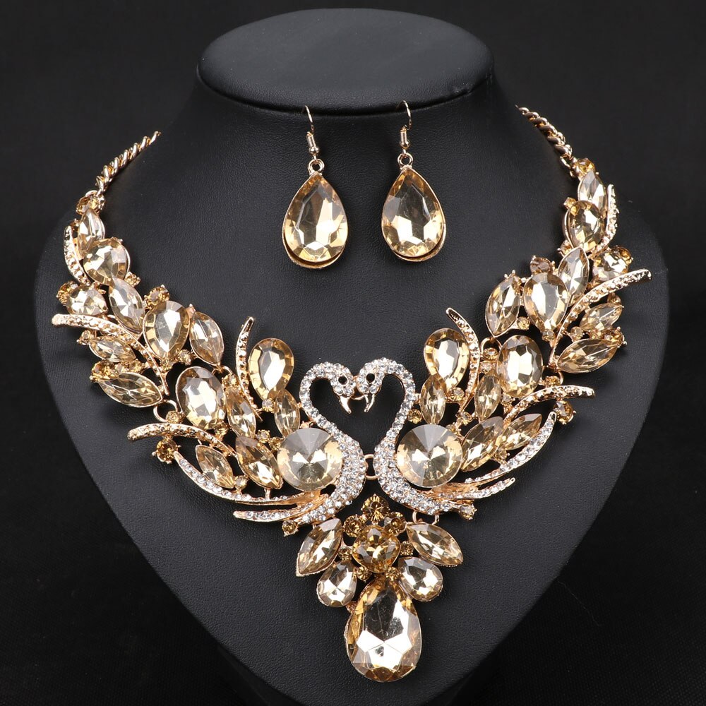 Gold Color Swan Pendant Necklace Crystal Bridal Jewelry Sets