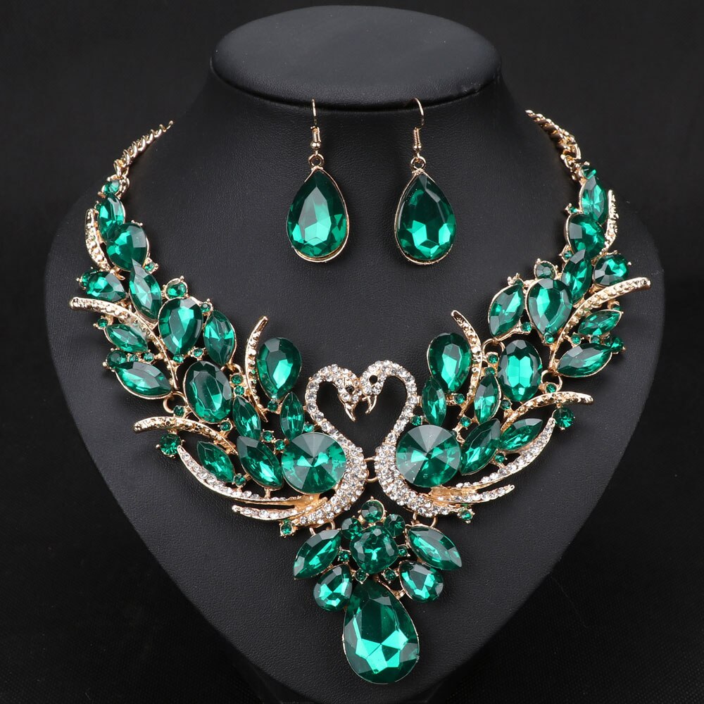 Gold Color Swan Pendant Necklace Crystal Bridal Jewelry Sets