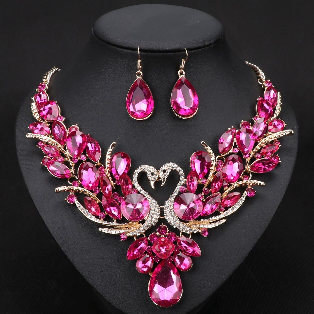Gold Color Swan Pendant Necklace Crystal Bridal Jewelry Sets
