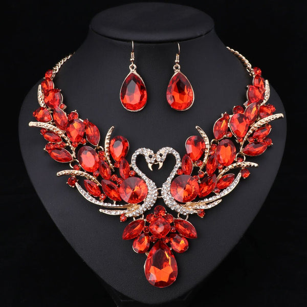 Gold Color Swan Pendant Necklace Crystal Bridal Jewelry Sets