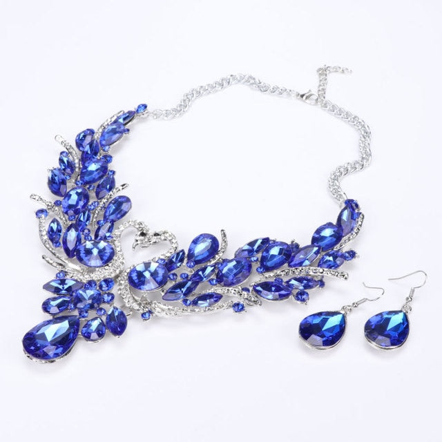 Gold Color Swan Pendant Necklace Crystal Bridal Jewelry Sets