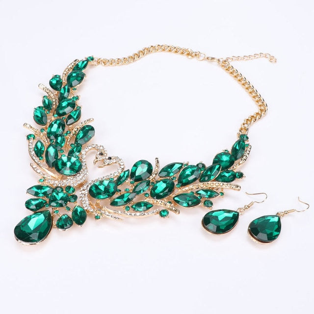 Gold Color Swan Pendant Necklace Crystal Bridal Jewelry Sets