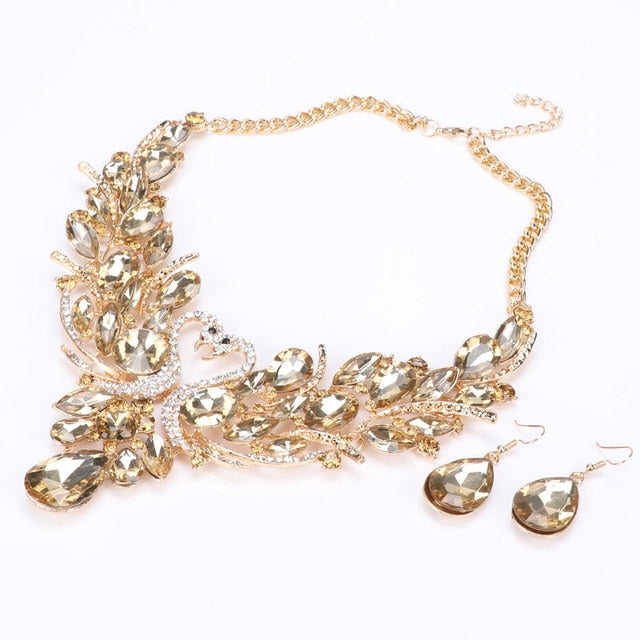 Gold Color Swan Pendant Necklace Crystal Bridal Jewelry Sets