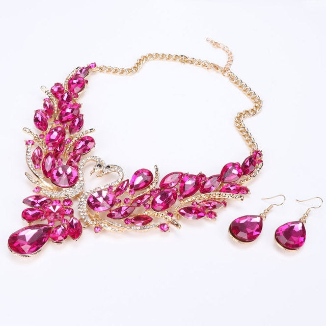 Gold Color Swan Pendant Necklace Crystal Bridal Jewelry Sets