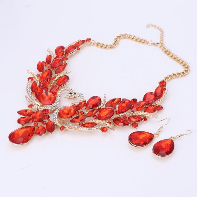 Gold Color Swan Pendant Necklace Crystal Bridal Jewelry Sets