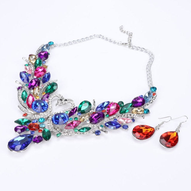 Gold Color Swan Pendant Necklace Crystal Bridal Jewelry Sets