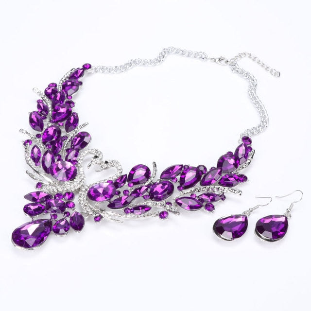 Gold Color Swan Pendant Necklace Crystal Bridal Jewelry Sets