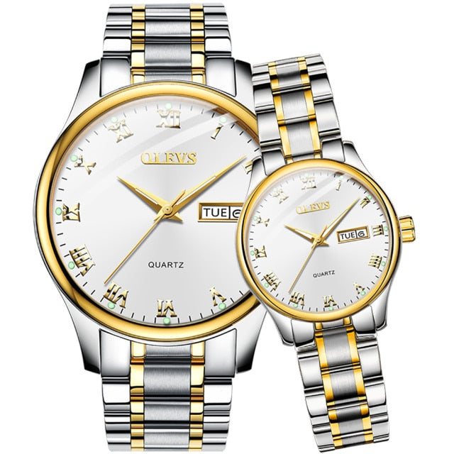 Two Tone Stainless Steel Waterproof His and Her Quartz Wristwatch Set