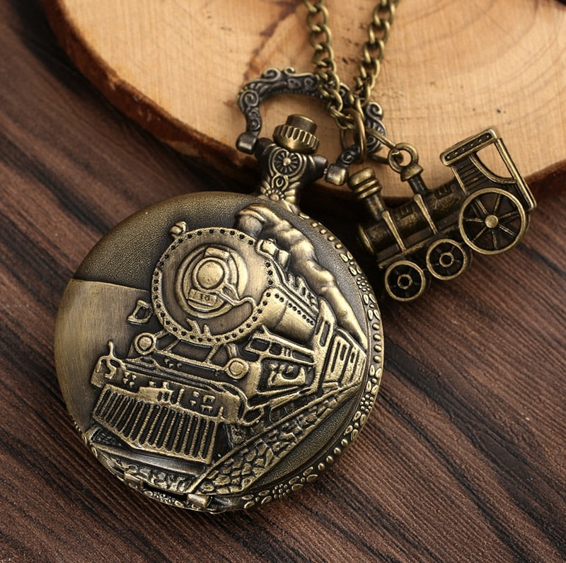 Vintage Bronze Quartz  Train Locomotive Engine Necklace Pocket Watch