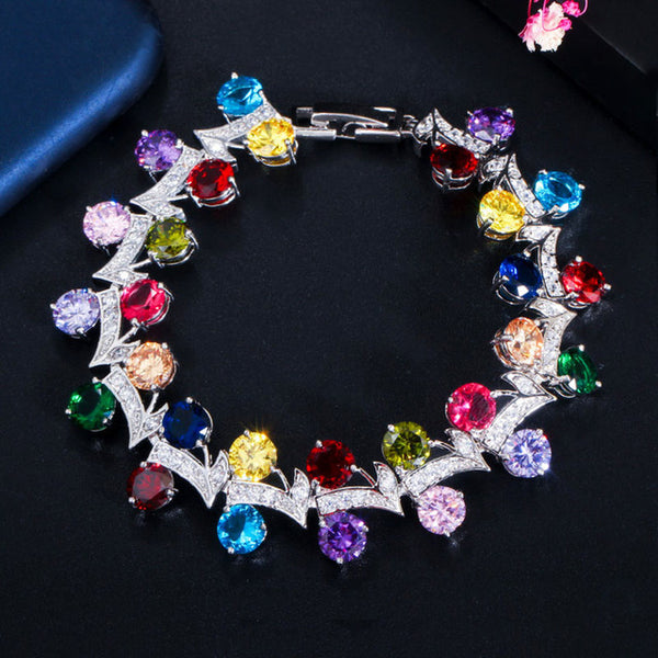 Pulseras de moda para mujer con pavé de cristales de circonita verde arcoíris y forma de hoja grande